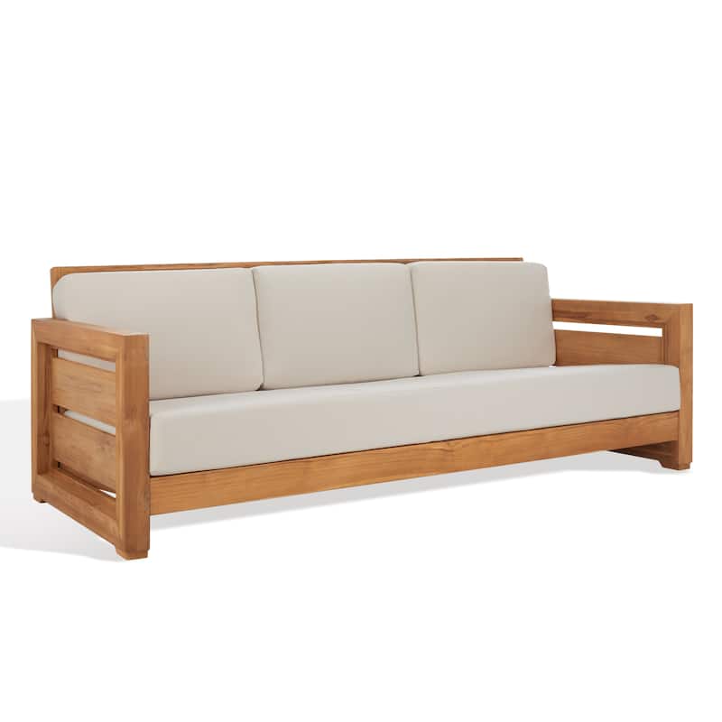 SAFAVIEH Couture Guadeloupe Outdoor Teak 3-Seat Sofa - 84"Wx37"Dx29"H