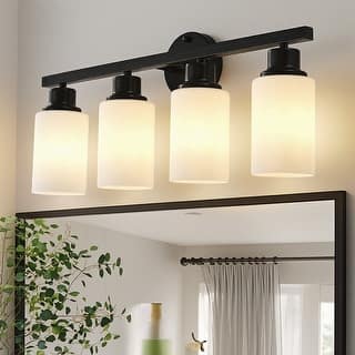 Modern Bathroom Vanity Light Over Mirror Black Farmhouse Wall Sconce with Milky White Glass Shades - 4 Light