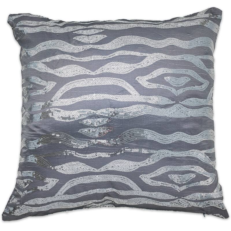 Violet Linen Marvelous Embroidered Sequins, 18 Inch x 18 Inch, Square, Decorative Accent Throw Pillow - Silver