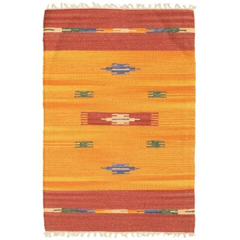 ECARPETGALLERY Flat-weave Bold and Colorful Orange Wool Kilim - 2'0 x 3'0