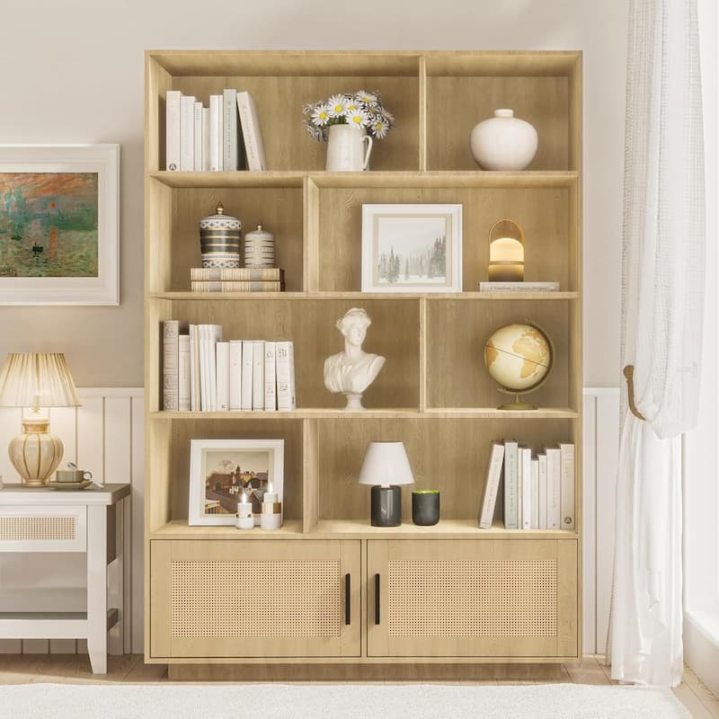 Boho Rattan Bookshelf, Tall Bookcase with Storage Shelves - N/A - Khaki