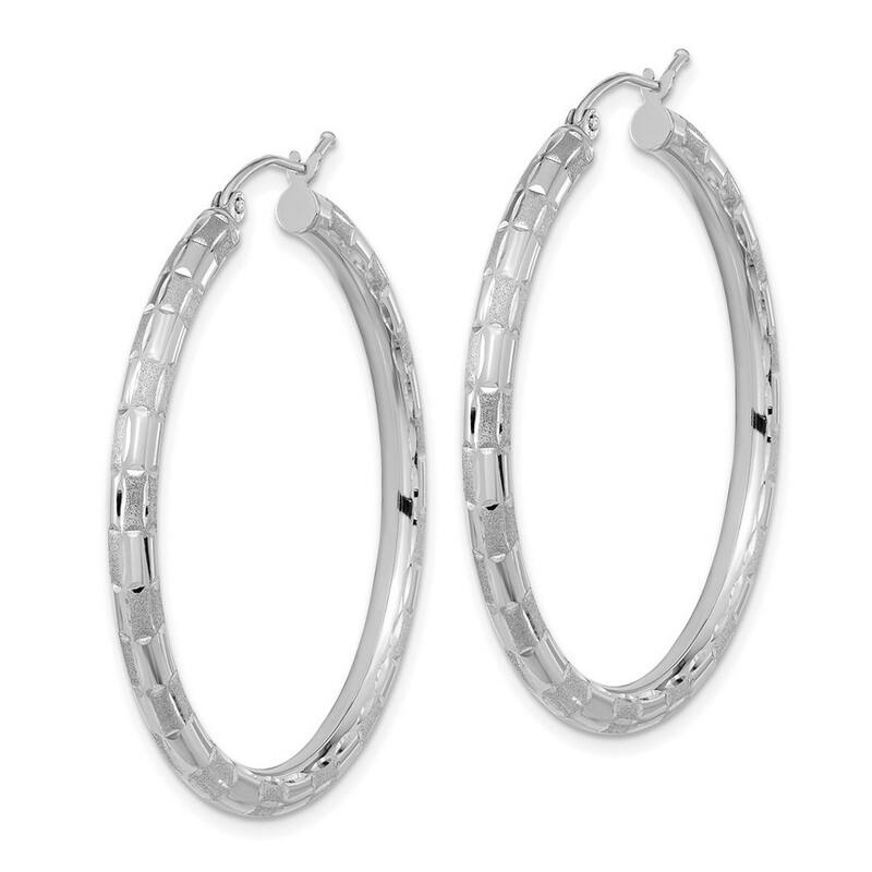 Curata 14k White Gold Satin Finish Diamond cut 42x3mm Classic Hoop Earrings