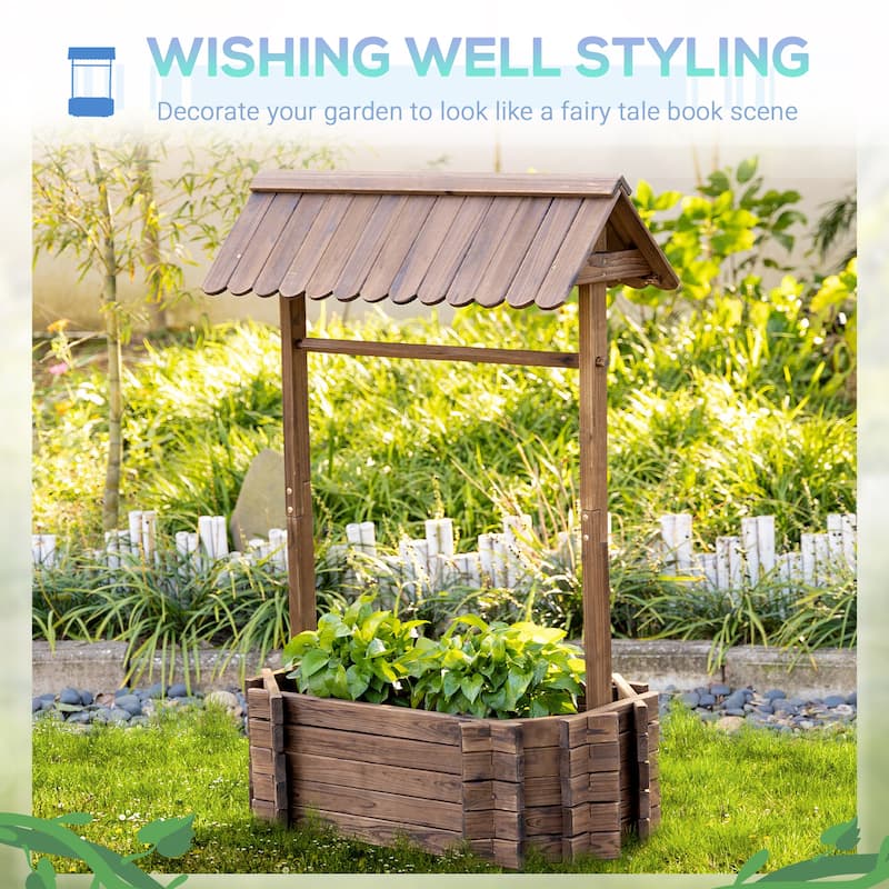 Outsunny Wooden Wishing Well Garden Bed, Rustic Outdoor Flower Planter Patio Ornamental for Plants/Herb/Vegetables, Rustic Brown