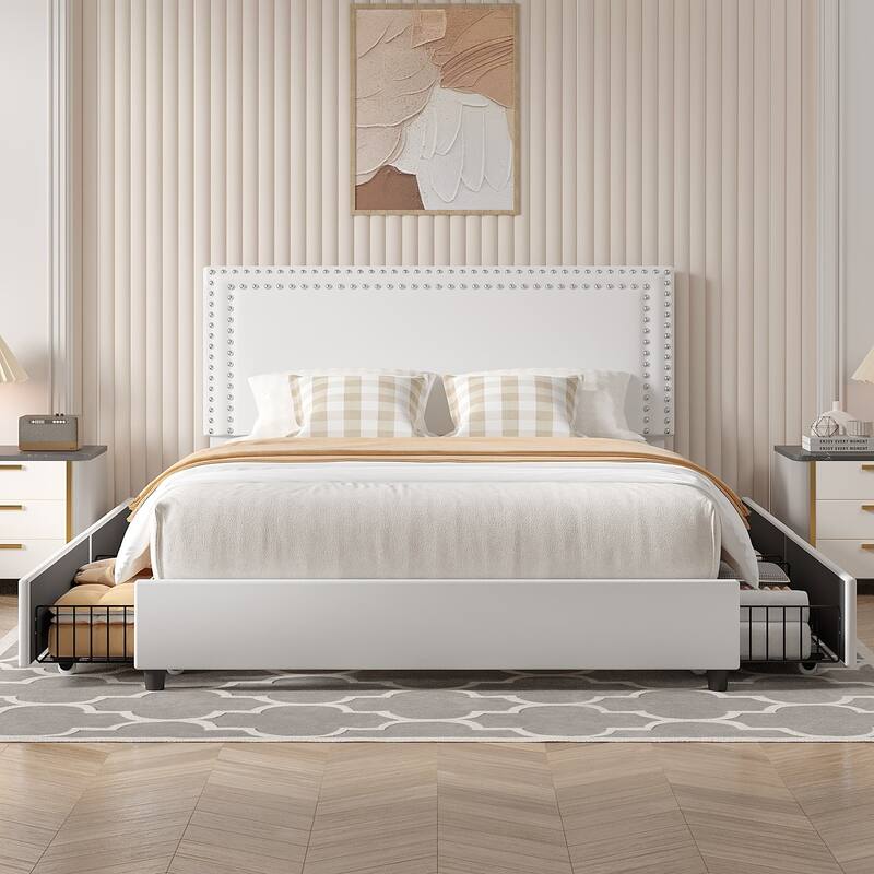 Modern Upholstered Bed Frame with 4 Storage Drawers, Platform Fabric Bed with Button Tufted Headboard