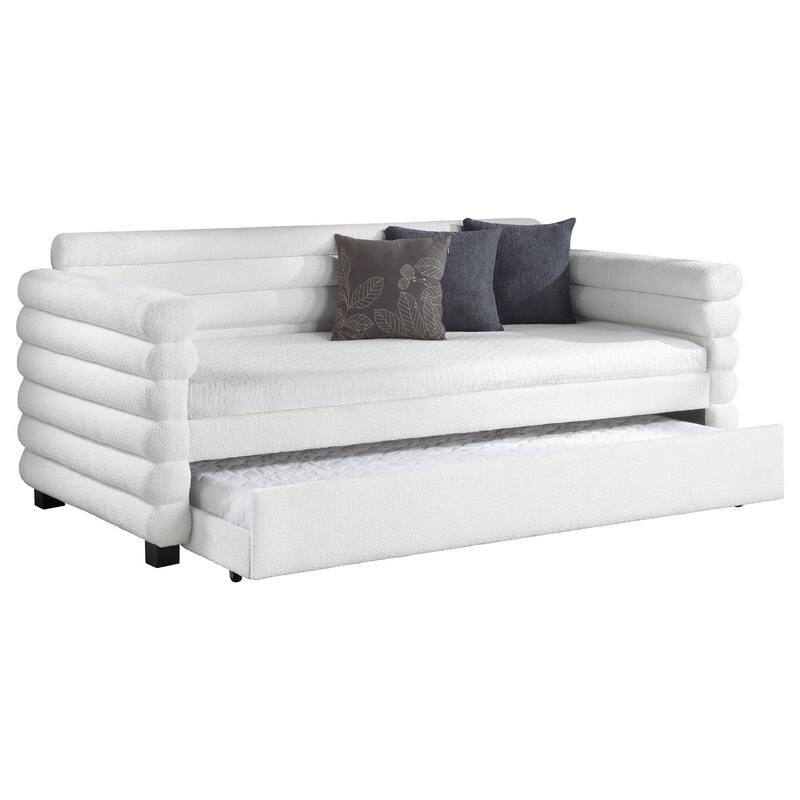 Ricia Twin Daybed with Trundle, Layered Bolster Design, White Boucle