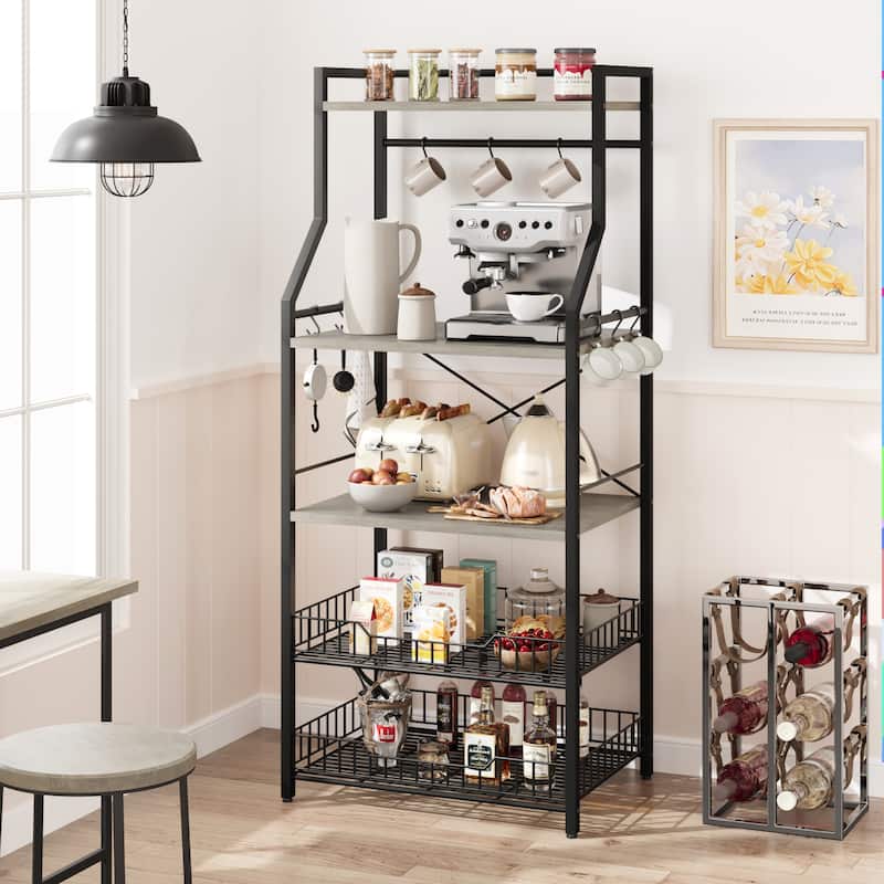 5-Tier Kitchen Bakers Rack Microwave Oven Stand with 2 Large Wire Basket - 15.7"D x 23.6"W x 50.7"H - Grey