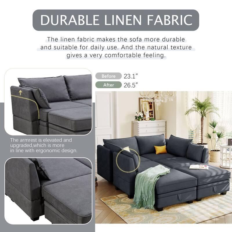 115.1" Linen U-Shaped Sectional Sofa with Sleeper & Storage Chaise