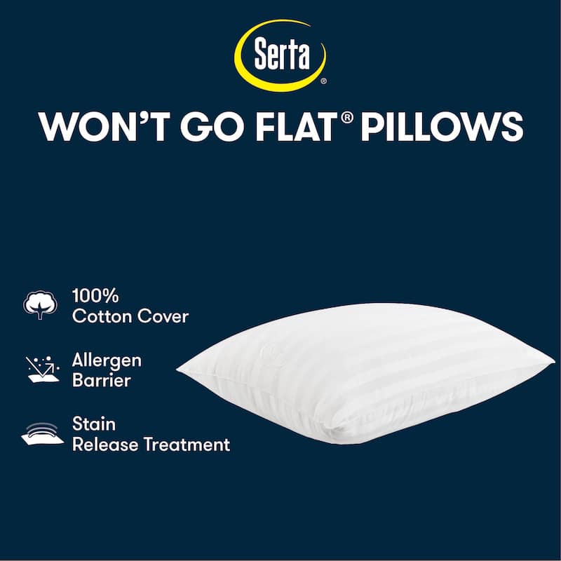 Serta Won't Go Flat Extra Life Foam Core, Cotton Cover, Standard/Queen Size Pillows Set of 2, 20 In x 28 In, White