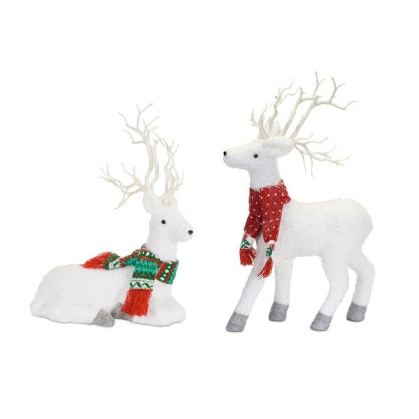 Set Of 2 Snow White And Red Christmas Deer Table Top Figurine 21 N A