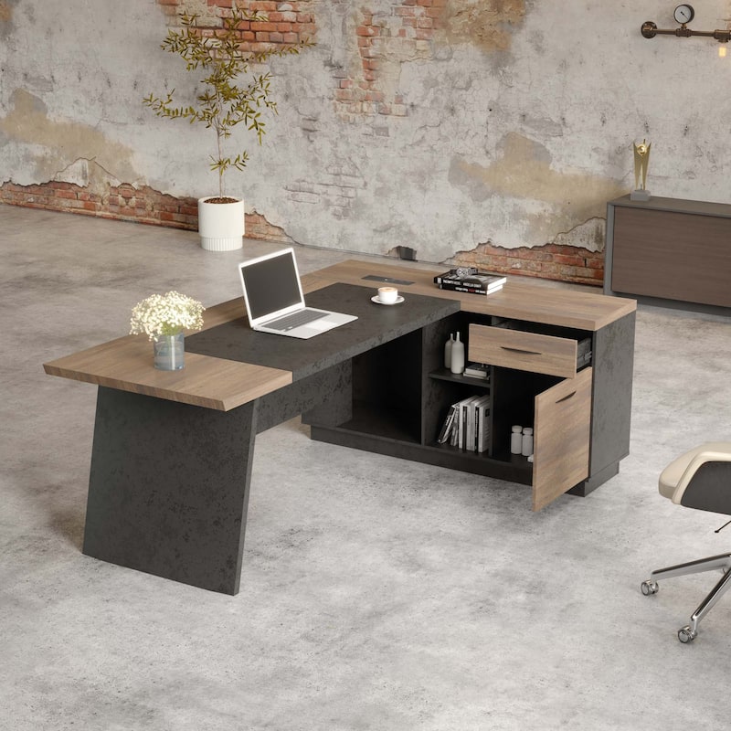 WESOME 78.74in Modern L-Shaped Executive Desk with Drawer 2-Tier Storage Shelves Cabinets
