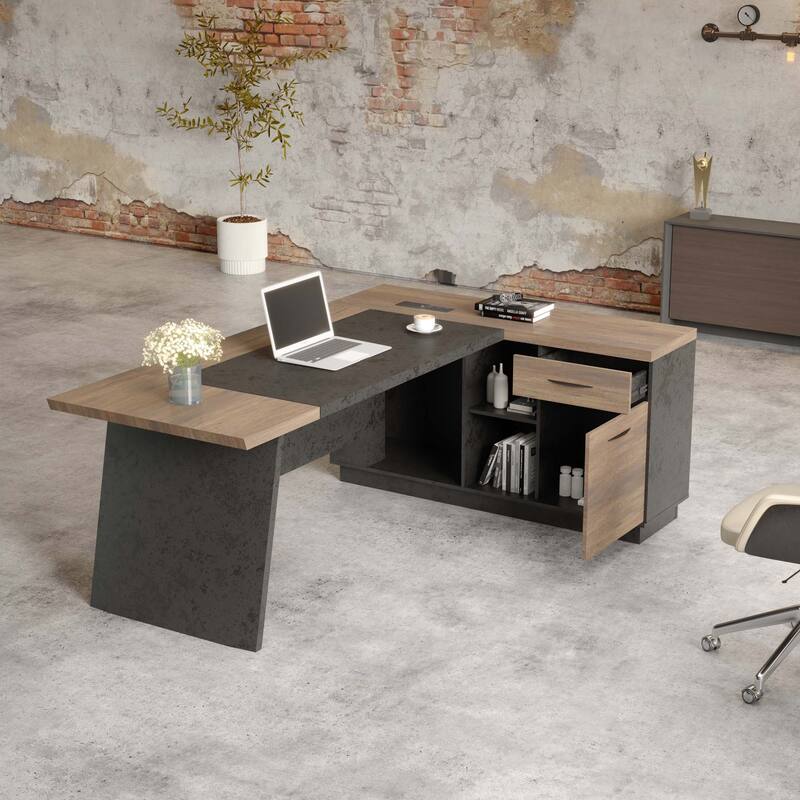 78in Modern L-Shaped Executive Desk with Drawer 2-Tier Storage Shelves Cabinets - Right Return+Cabinet - Black/Wood