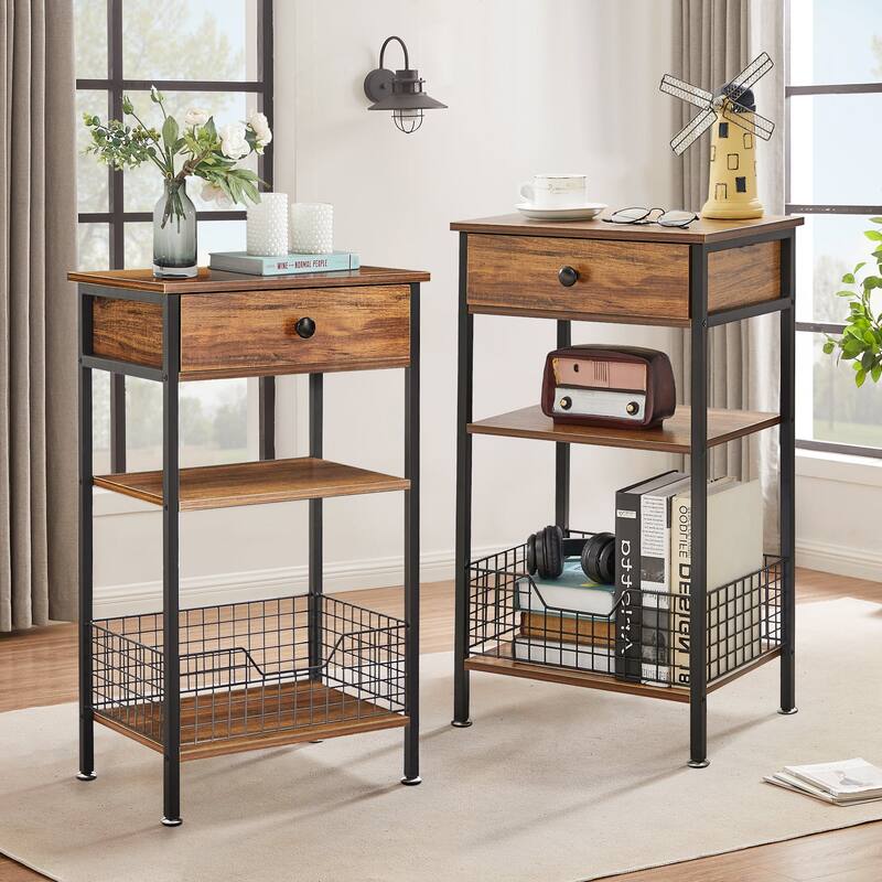 27.5" Tall Nightstand with 1-Drawer and Open Storage Shelf, Metal Frame and Fence Sofa End Table (Set of 2)