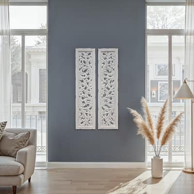 Ozy Carved Wall Art Panel Set of 2, Handcrafted Distressed White Mango Wood, 50 Inch Tall