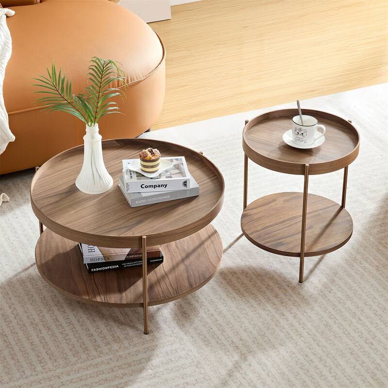 2-Piece 2 tier Round Coffee Table Set,Easy Assembly Nesting End Tables