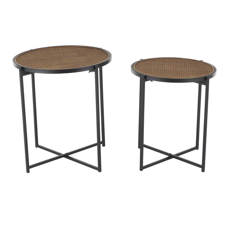 Metal Side End Accent Table with Brown Woven Rattan Tabletop - Set of 2 Black - Roche River Decor