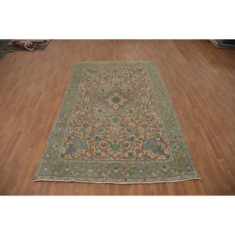 Hand Knotted Oriental 100% Wool Carpet Traditional Floral Beige & Ivories Tabriz Area Rug - 10' 0'' X 6' 5''