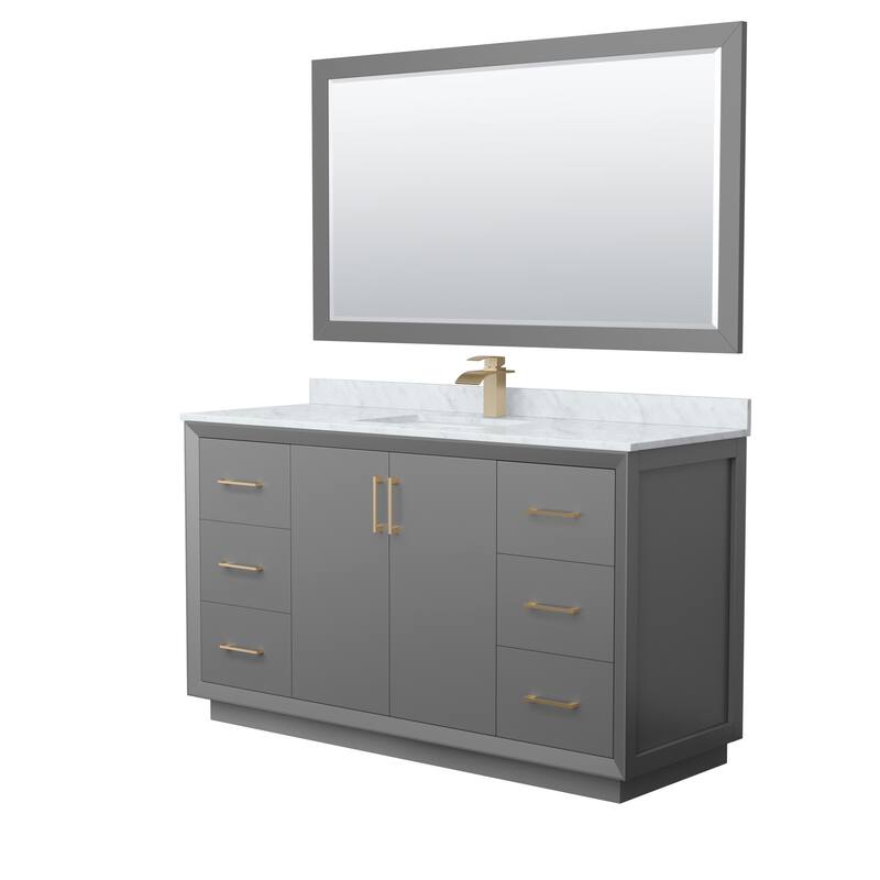 Strada 60-Inch Single Vanity Set, Carrara Marble Top, 58-Inch Mirror - Dark Gray, Bronze Trim, Carrara Marble Top