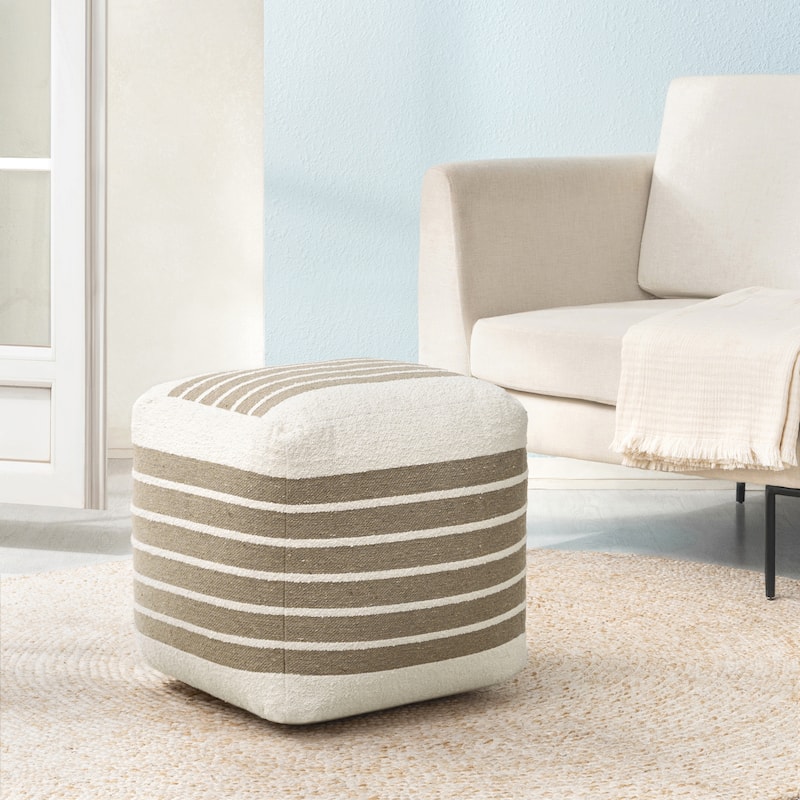 Jani 20-inch Ottoman Pouf - Handcrafted Handmade Ottoman for Seating, Footrest, Home Decor for Living Room, Bedroom - Ivory/Natural