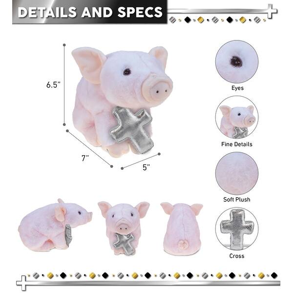 DolliBu Cute Squat Piggy Stuffed Animal with Silver Cross Plush Toy - 7 inches