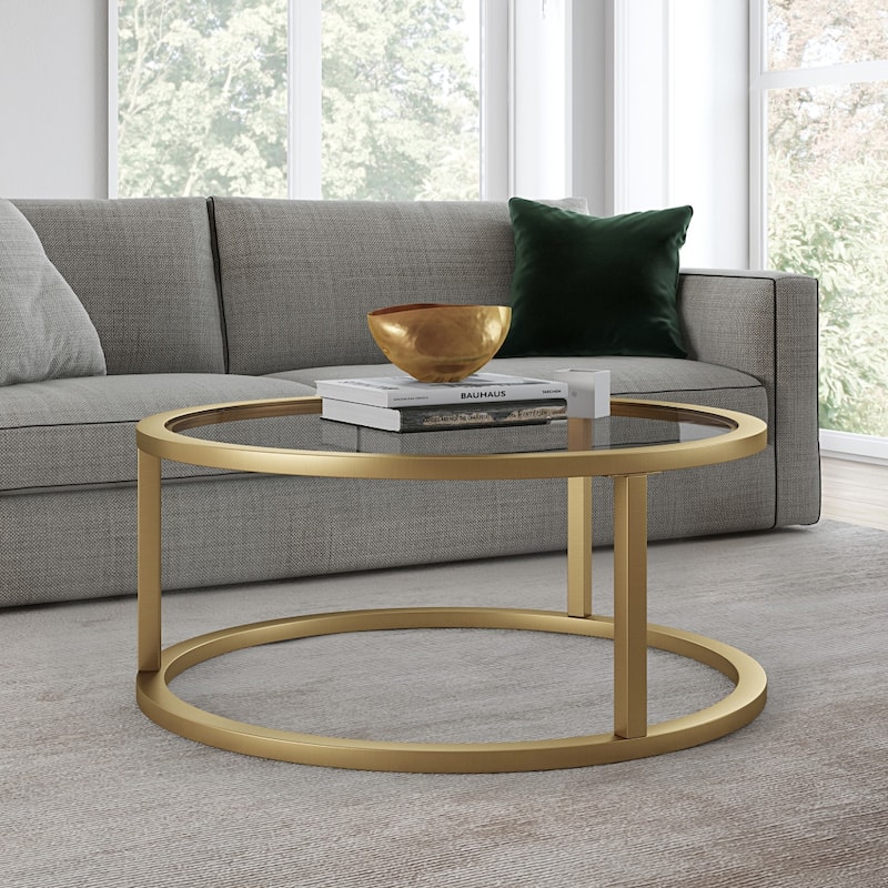 35-Inch Glass and Steel Round Coffee Table for Living Room - 35” x 35” x 17”