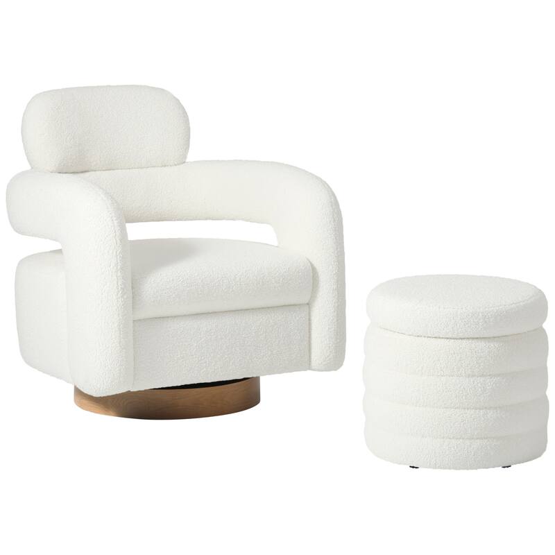 Bayville Sherpa Swivel Chair With Round Storage Ottoman 2-Piece Set - Cream