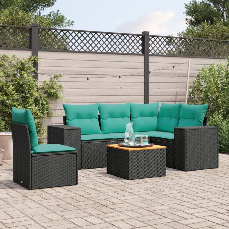 vidaXL 6 Piece Patio Sofa Set with Cushions Black Poly Rattan - 24.4 x 24.4 x 27.2 - Black-corner + 2x middle + Table