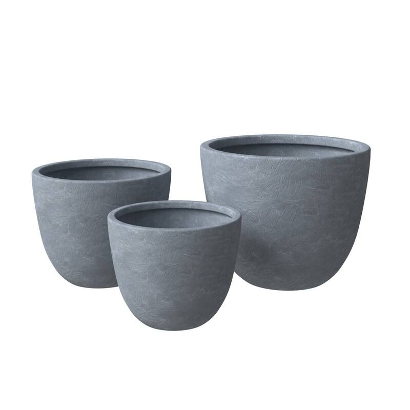 Dahlia 3-Piece Modern Round Planter Set, Durable Fiberstone & Clay Pots for Indoor & Outdoor Plants - Aged Concrete