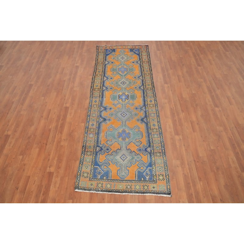 Hand Knotted Oriental 100% Wool Carpet Traditional Geometric Oranges & Rust Hamedan Runner Rug - 9' 7'' X 3' 3''