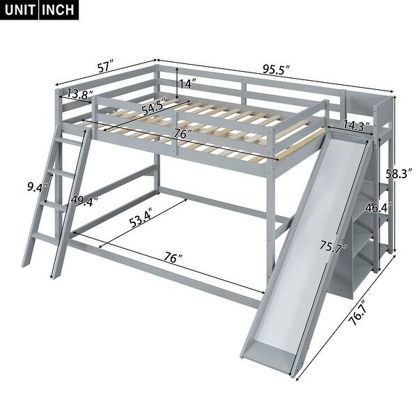 dimension image slide 1 of 2, Full Over Full Bunk Bed with Slide & Ladder, Wood Floor Bunk Bed Frame w/Storage Shelves & Safety Guardrails for Kids Girls Boys