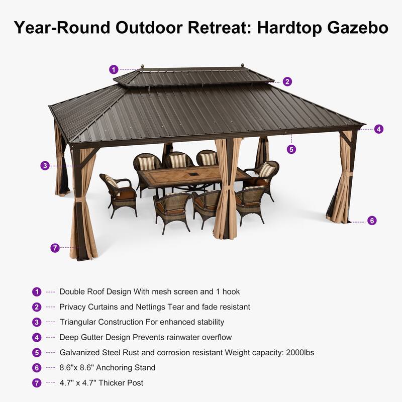 PURPLE LEAF Outdoor Gazebo Aluminum Frame Galvanized Steel Hardtop Gazebo with Bulbs