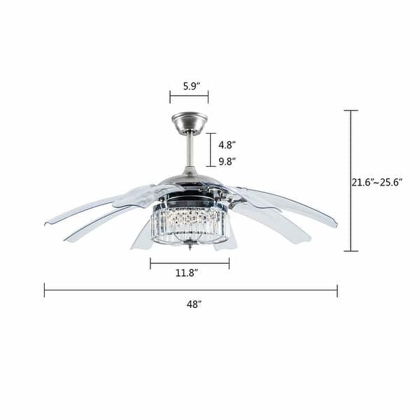 48" 8 Retractable Blades Crystal Ceiling Fan Chrome Silver Chandelier with Remote - 48in