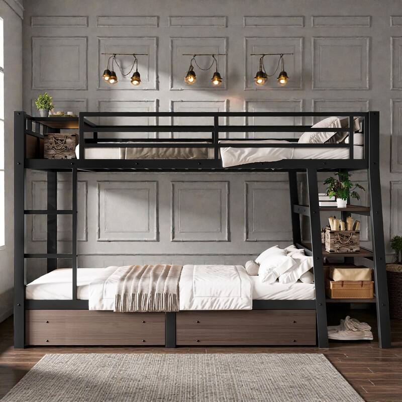 Twin/Full Metal Bunk Bed with Storage Shelves, Drawers, LED Light Strip, USB Power Outlet & Sturdy Guardrail Design - Black - Twin