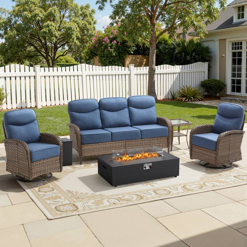 Meyreso 5-Piece Wicker Outdoor Patio Fire Pit Sofa Set with 6-Inch Thick Cushions