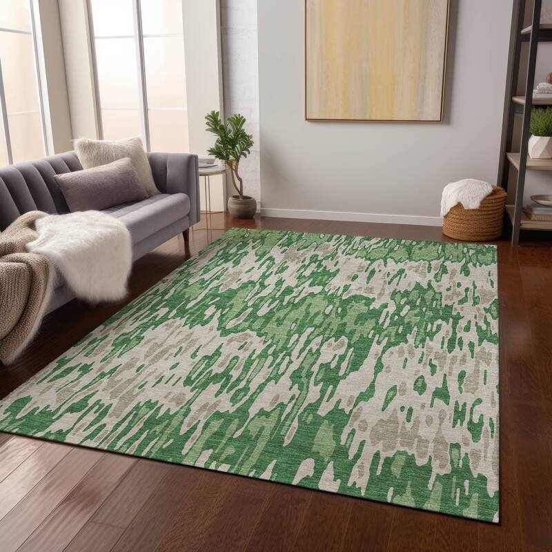 Machine Washable Indoor/ Outdoor Modern Watercolor Chantille Rug - Green - 8' x 10'