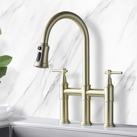 Transitional Bridge Kitchen Faucet with Pull-Down Sprayhead, Double Handle Kitchen Sink Faucet