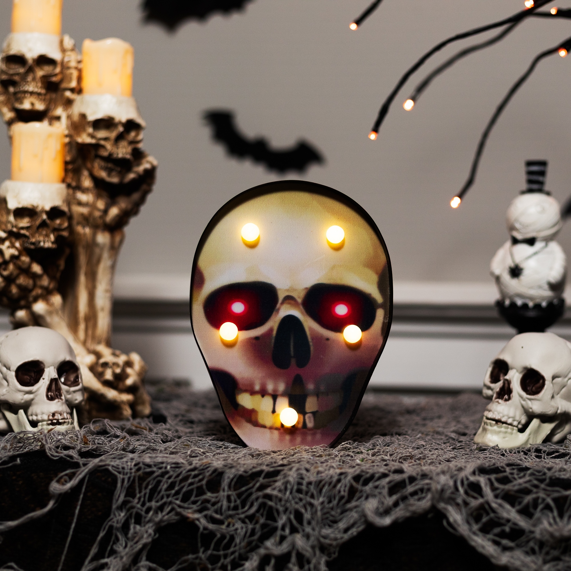 LED Lighted Skull Marquee Style Halloween Decoration 7" Black and Red