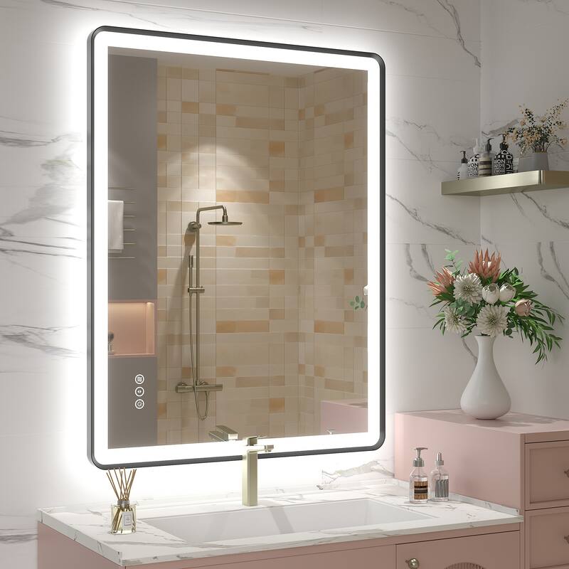 UL Certified Front & Back LED Anti-Fog Tempered Glass Framed Bathroom/Vanity Mirror 3-Year Warranty - 36" x 28"-Rounded Corner - Black