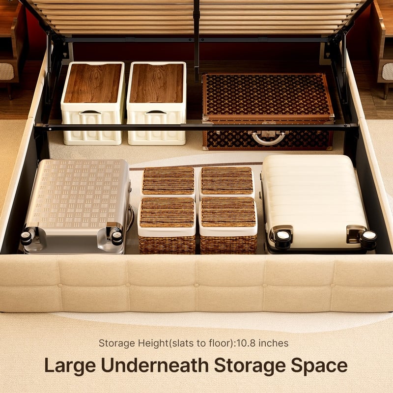 Lift Up Storage Bed Frame, Upholstered Platform Bed Frame with Hydraulic Storage System and Headboard