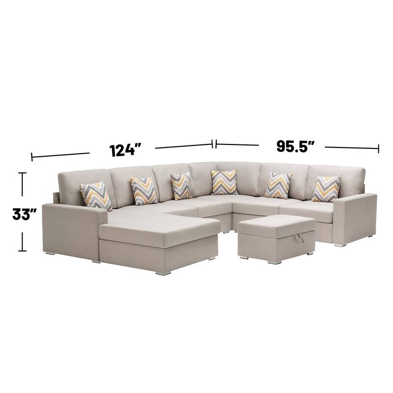 Linen Fabric 7 Piece Reversible Chaise Sectional Sofa with Interchangeable Legs, 7 Pillows and Storage Ottoman