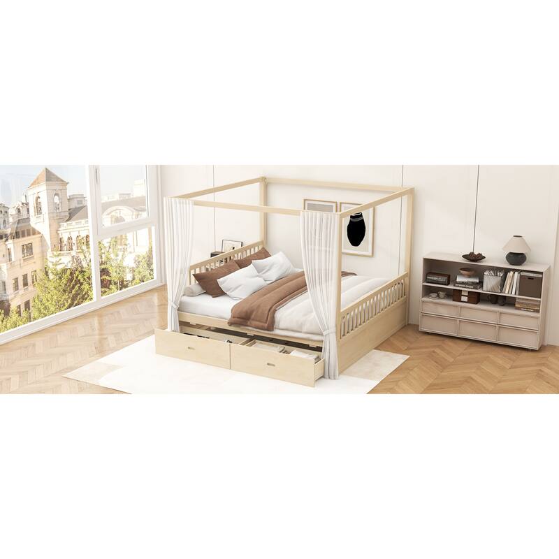 Roomfitters Queen/King Wooden Canopy Bed with 2 Storage Drawers, Solid Wood Frame, Walnut