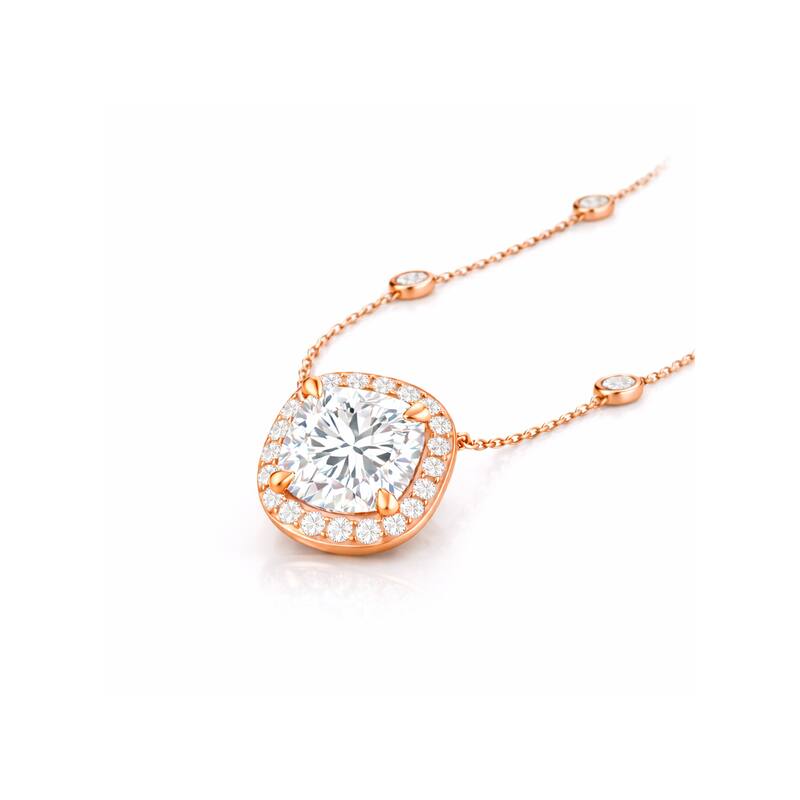 Auriya 14K Gold Lab Grown Cushion Diamond Halo Pendant with Bezel Necklace 1.00 to 5.00 ct. tw. (F-G VS)