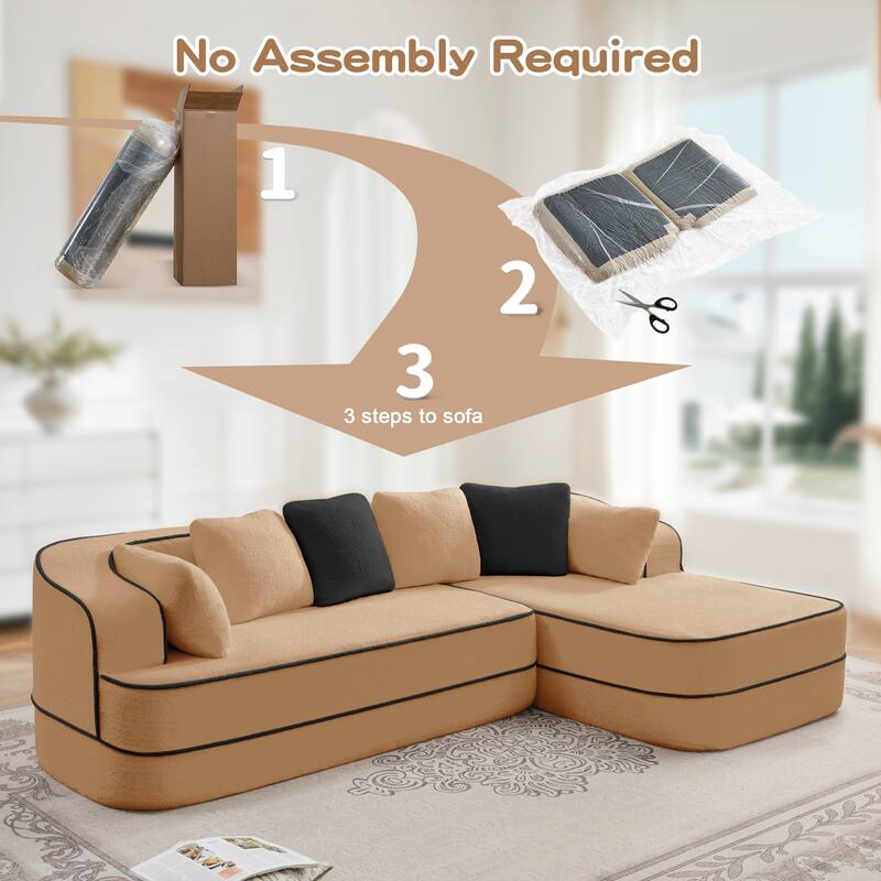Teddy Fabric Contrast Sofa for Living Room, Upholstered Sectional Couch with L-Shaped Chaise, Boneless Couch with Throw Pillows