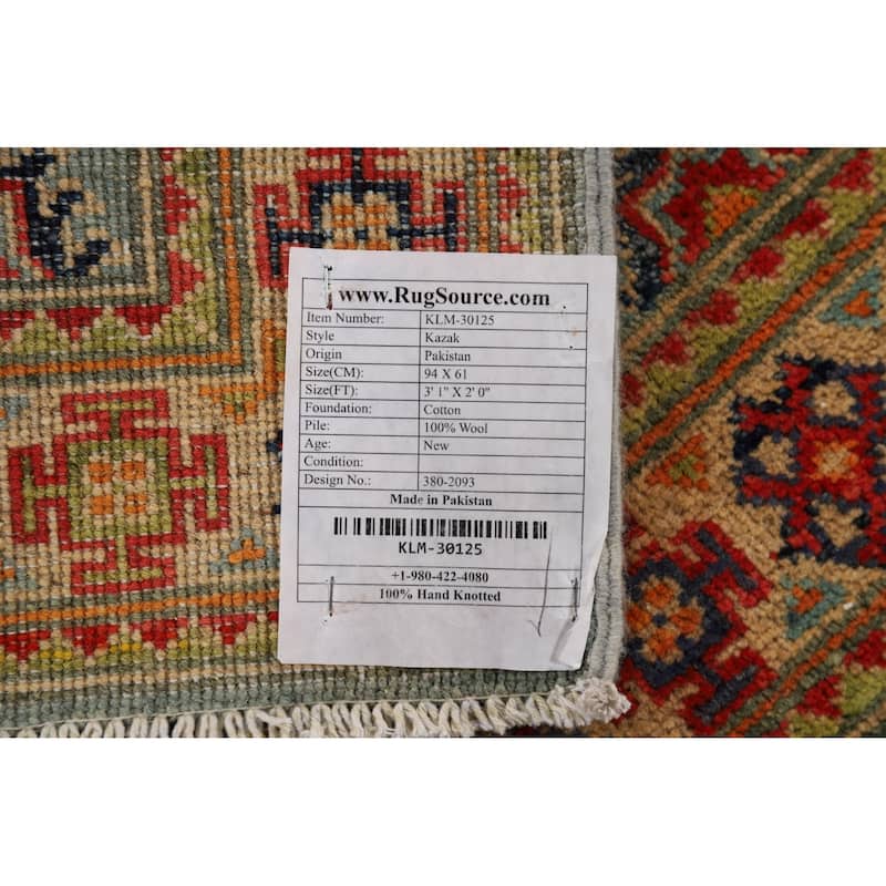 Geometric Blue Kazak Oriental Foyer Rug Handmade Wool Carpet - 2'0" x 3'1"
