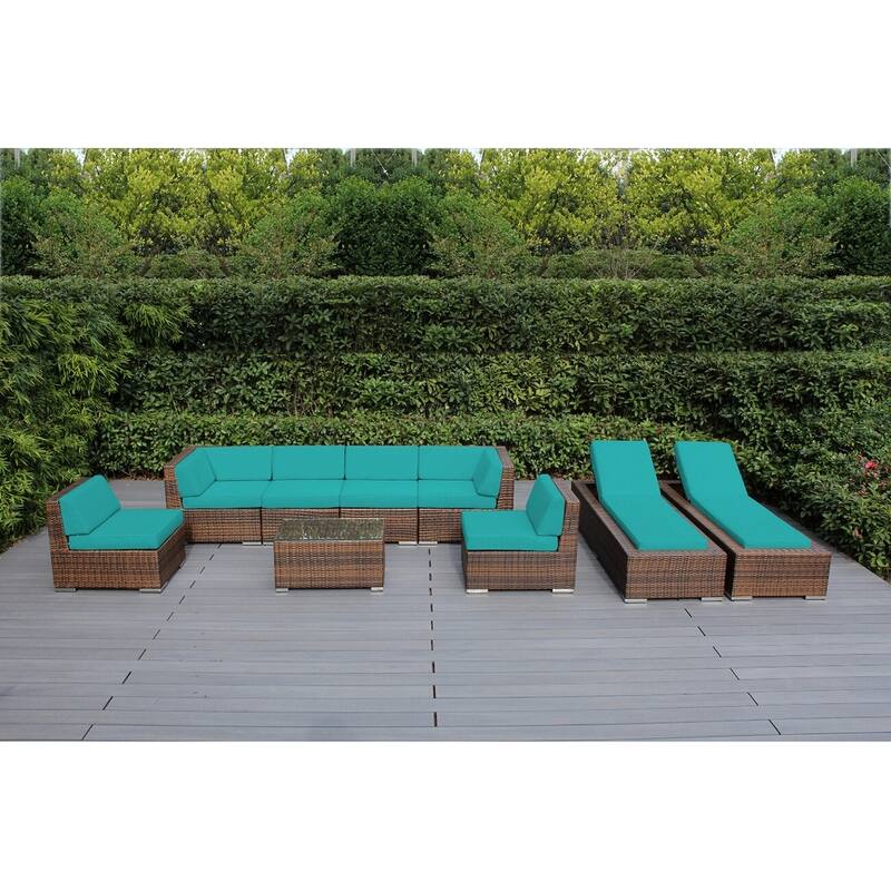 Ohana Outdoor Patio 9-piece Mixed Brown Cushioned Wicker Sofa Set - No Assembly - Turquoise