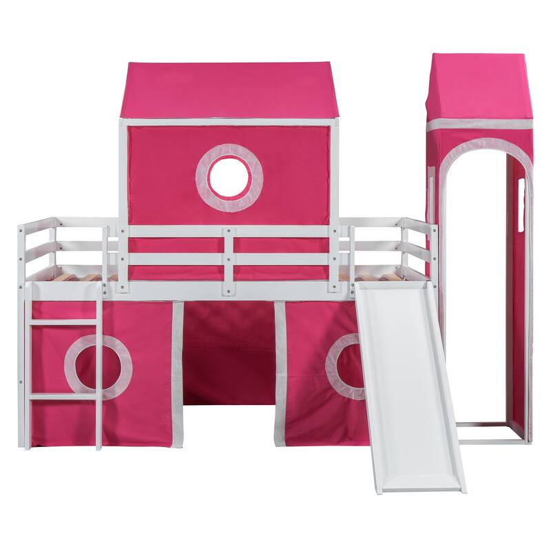 Twin Size Loft Bed with Slide, Pink Tent, and Tower - Space-Saving Fun Design