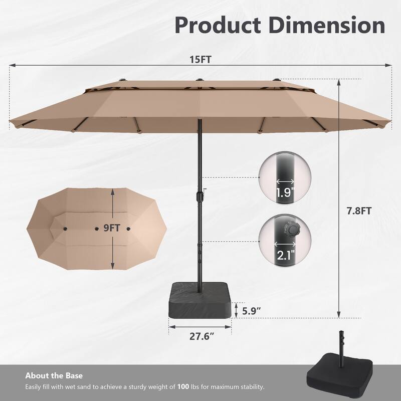 MAISON ARTS 15ft 2-Tier Large Patio Umbrella with Solar Lights, Double-Sided Outdoor Market Umbrellas with Base Included