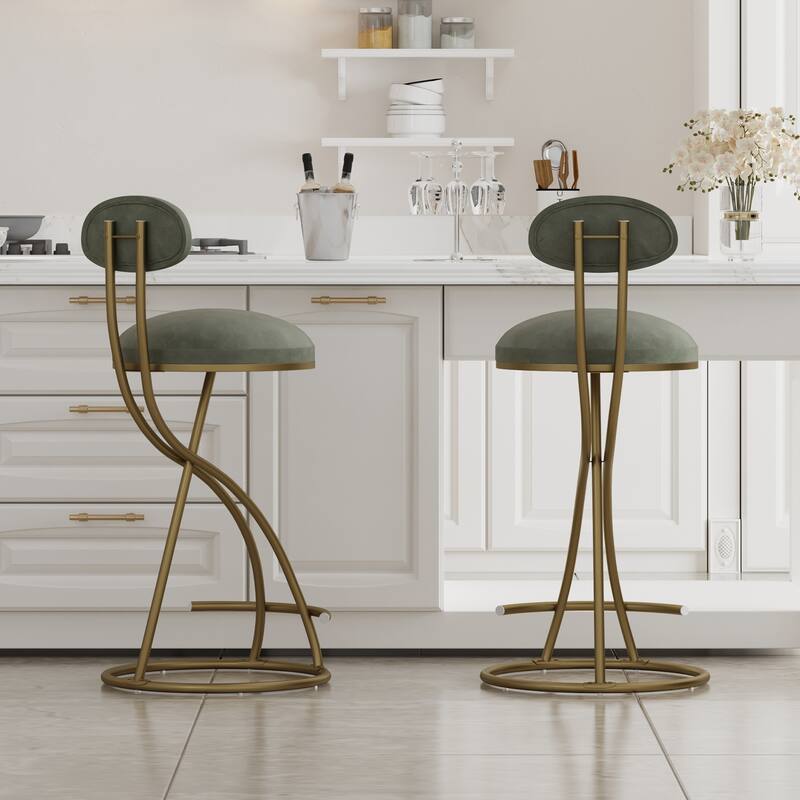 Bar Stools Upholstered Counter Height Barstools for Island, Set of 2 Modern PU Leather/Velvet Dining Chairs with Footrest