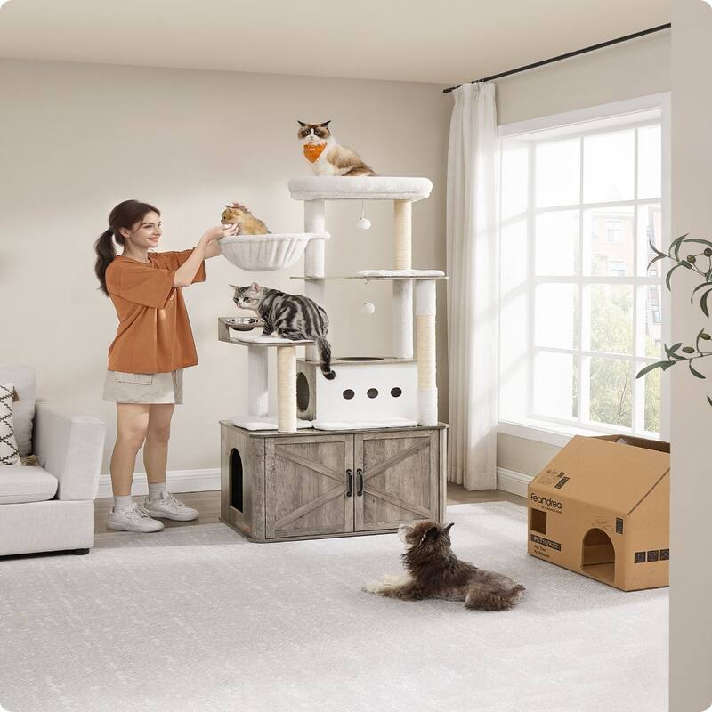 66.9-Inch Cat Tower with Litter Box Enclosure and Comfortable Removable Cushions
