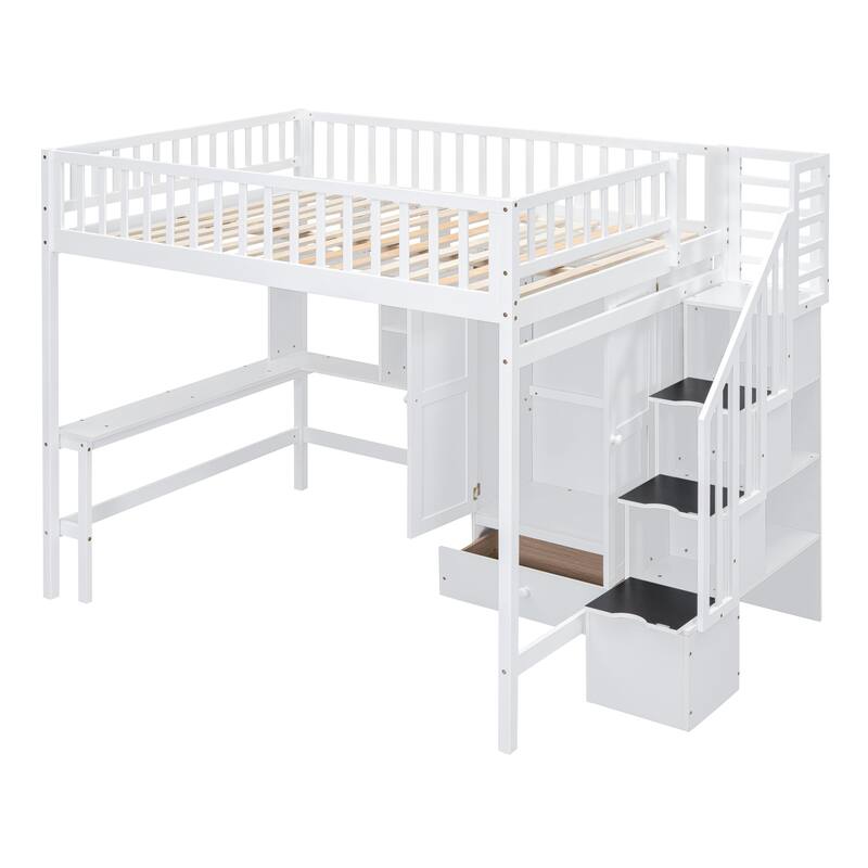 Full Size Loft Bed with Bookshelf, Drawers, Desk, and Wardrobe in White
