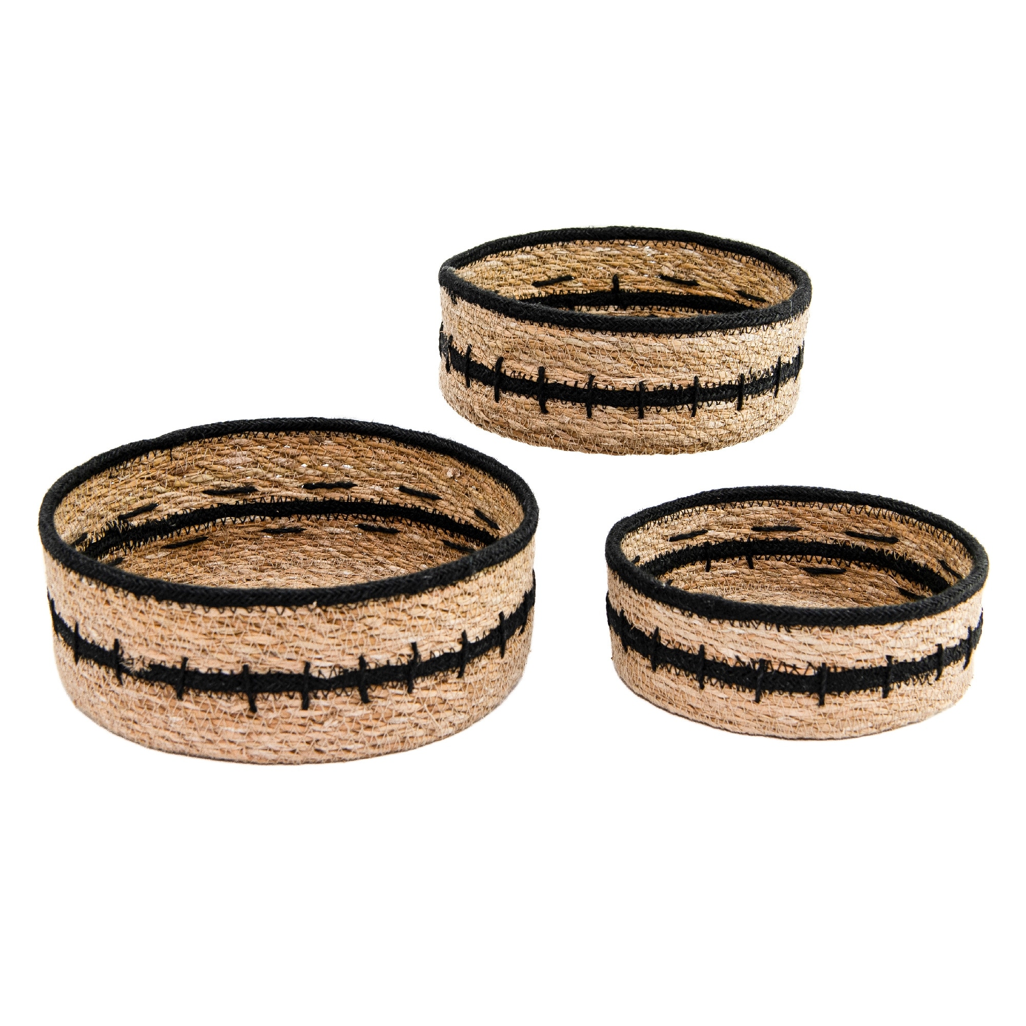 3Pc Round Seagrass & Jute Basket Natural & Black